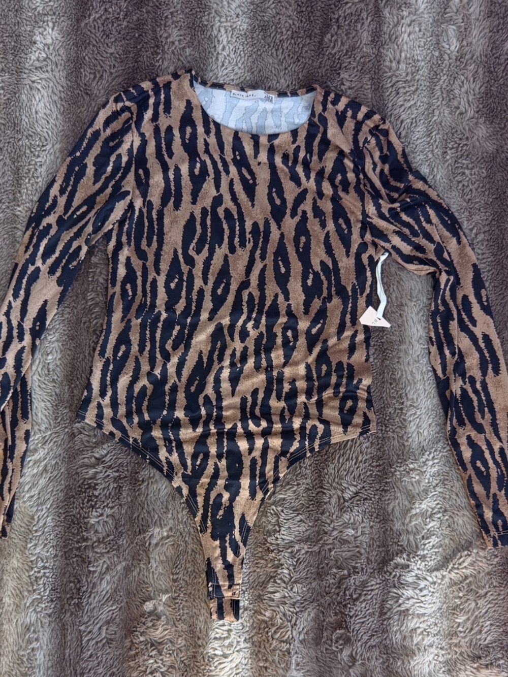 NWT Black Tape Brown Black Animal Print Long Sleeve Thong Bodysuit Size M